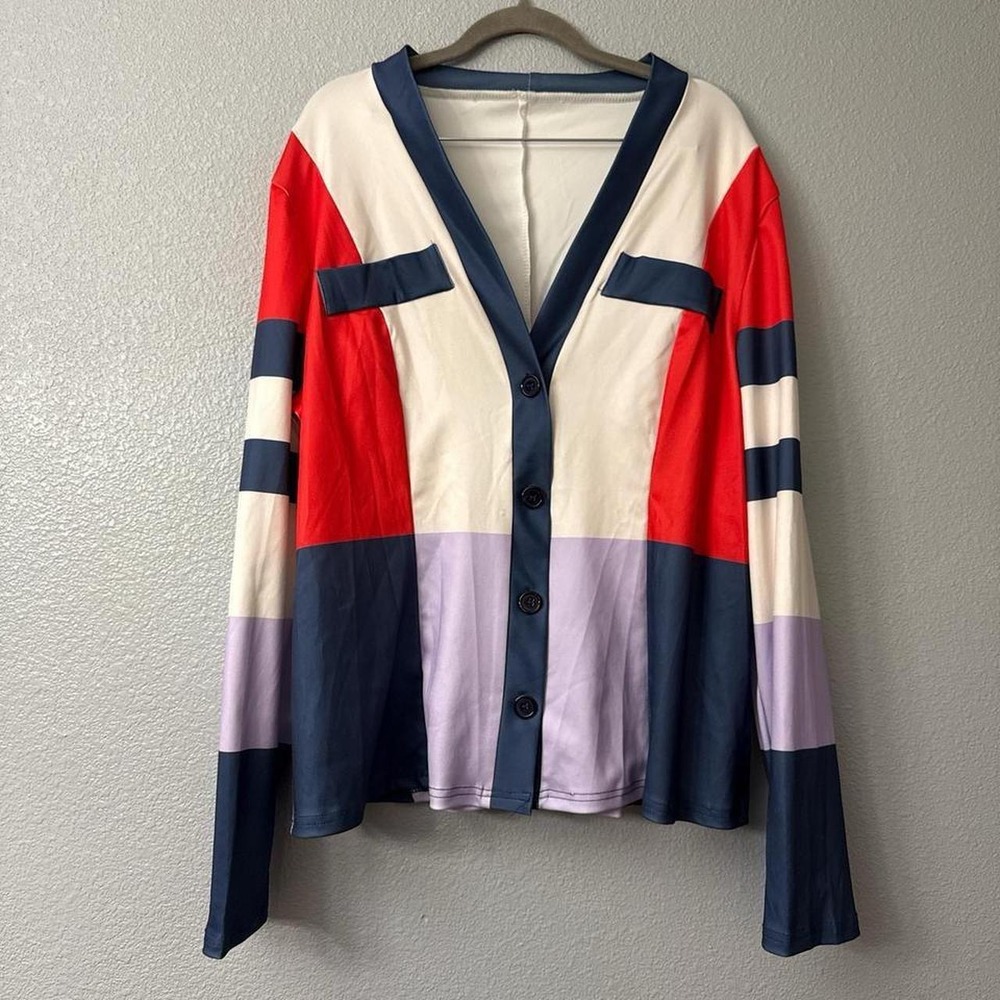 Women's Colorblock Button Up Blouse with Long Sleeves